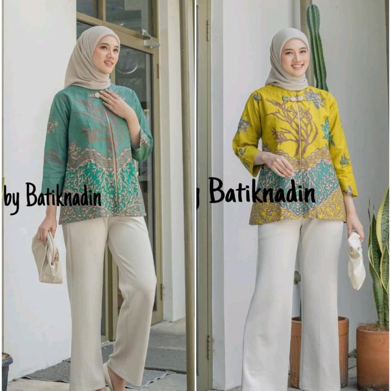 Blouse Adeeva - Atasan Batik Wanita Kerja Baju Batik Kantor Blouse Batik Seragam Katun Nyaman lengan 7/8 Panjang Motif 2