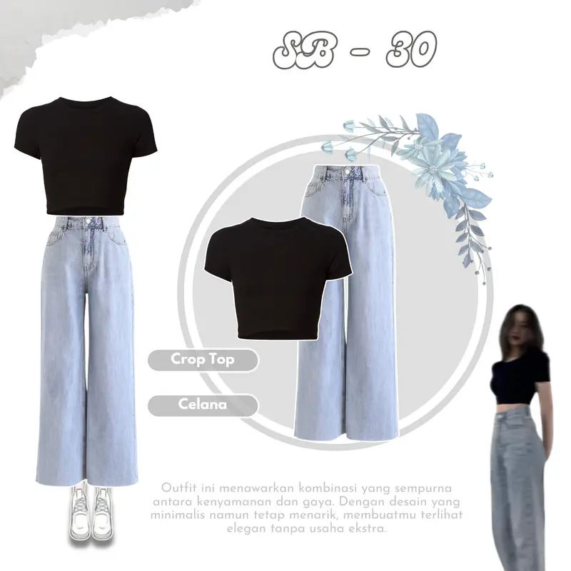 Styl Outfit  Ixora Set| One Set Wanita Korean Style ( Baju Crop Top - Celana Jeans ) Outfit Skena Atasan Cewek Kekinian 0
