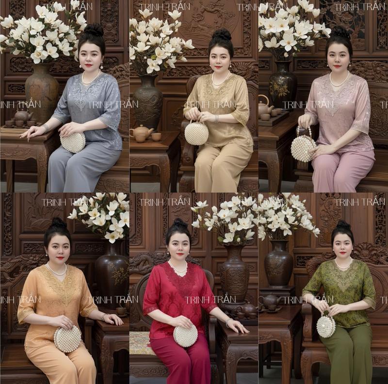 đồ bộ trung niên cho mẹ mẫu GẤM PHỐI REN tay lỡ quần dài bộ gồm áo và quần món quà tặng mẹ tặng bà.