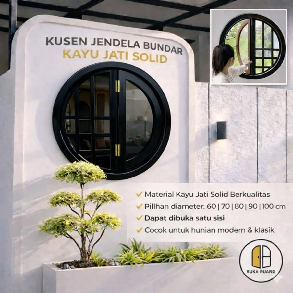 Kusen Jendela Bundar Dibuka Satu Sisi. Kusen jendela bulat Diameter 60cm sampai 120cm / kusen jendela kayu model baru / kusen jendela kayu aesthetic /  kusen jendela kayu / kusen jendela teras / Kusen jendela kayu minimalis Dipan