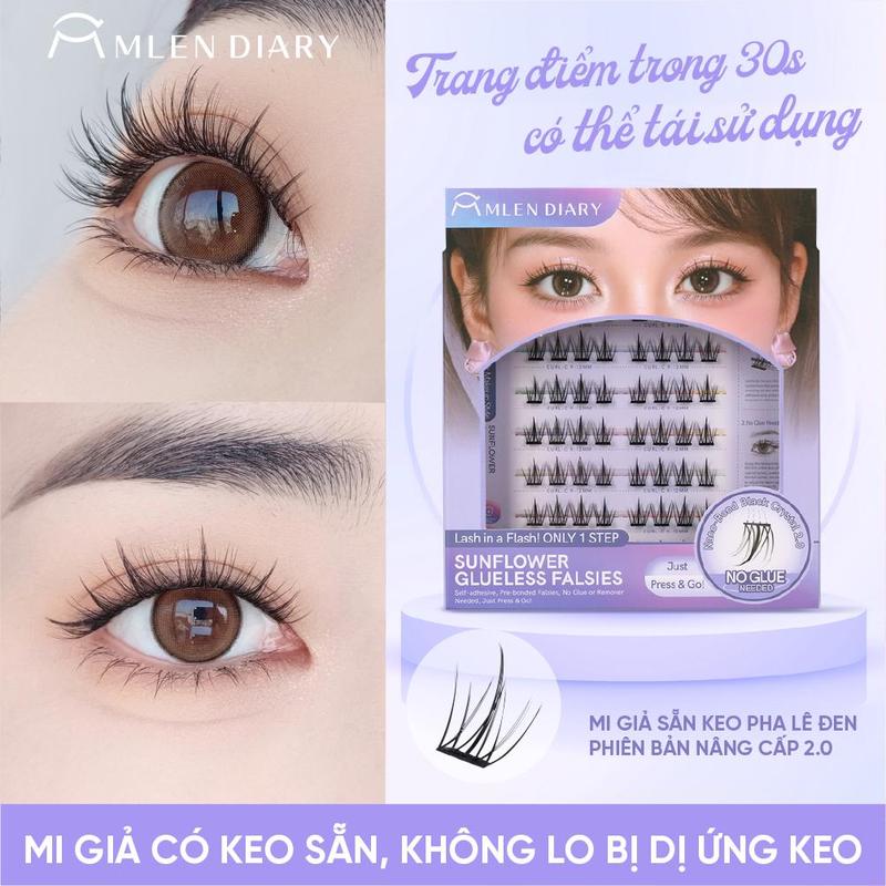 Mlen Diary - Mi Tự Dính Mi Giả Mi Sẵn Keo Pha Lê Đen Mi dưới tự dính Dán Nhanh Tiện Lợi Mềm Mại Mi Cụm Dễ Dùng Tự Nhiên Sợi Mi Mảnh Có Thể Sử Dụng Được Nhiều Lần