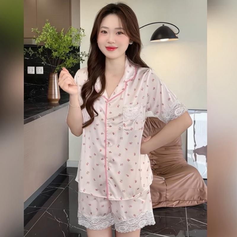 Bộ Lụa Latin Mịn Mềm Tay Ngắn Quần Đùi Cúc Đính Đá Phối Ren Mềm Mịn Đẹp Nhiều Hình Quả Đào Nơ Nhí Hoa Nhí Cho Nữ Mặc Nhà Quần Ngủ Áo Ngủ Women Nho 8