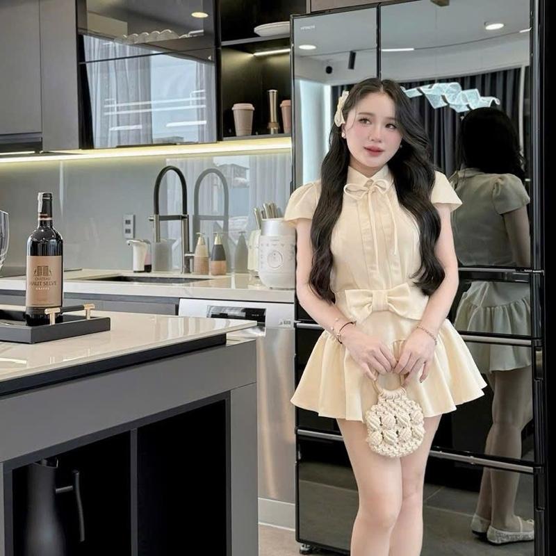 Bèo Béo Bigsize Set Áo Tay Bồng Cổ Sen Cột Dây Kèm Chân Váy Nhún Eo Tầng Đính Nơ Form Bigsize 60-90Kg