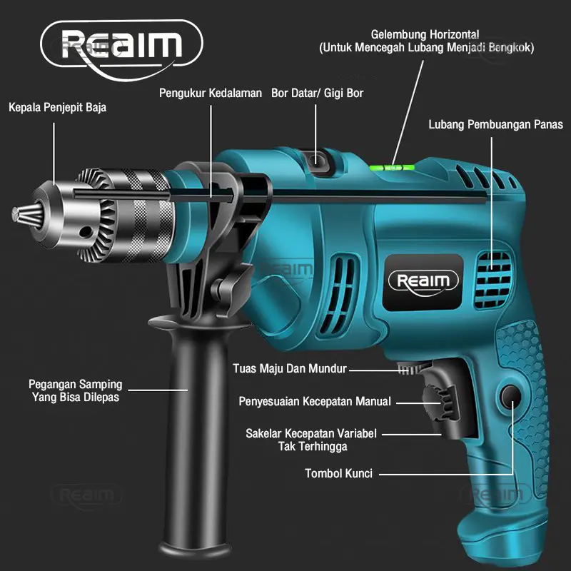 Reaim Mesin Bor Listrik 13mm Bolak Balik Electric Drill Bor Beton Kayu Besi Tembok Bor Listrik  Impact Drill Listrik impact bisa 3500rpm tembok beton bolak variable speed Impact drill Supplier Warranty Tanpa Garansi keramik 3 tahun bor listrik full set 1