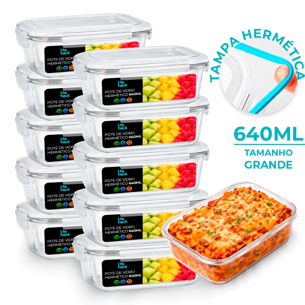 Conjunto Potes 370/640/1040ML Vidro Hermético Mantimentos Marmita Premium