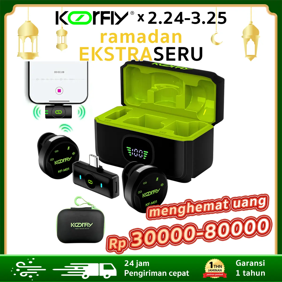 KOORFLY M01 Terbaru Wireless Dual Lavalier Microphone Plug & Play Lapel Mic - Noise-Cancelling Mode Multifungsi Jarak 45m Bluetooth Wireless Clip on Mic
