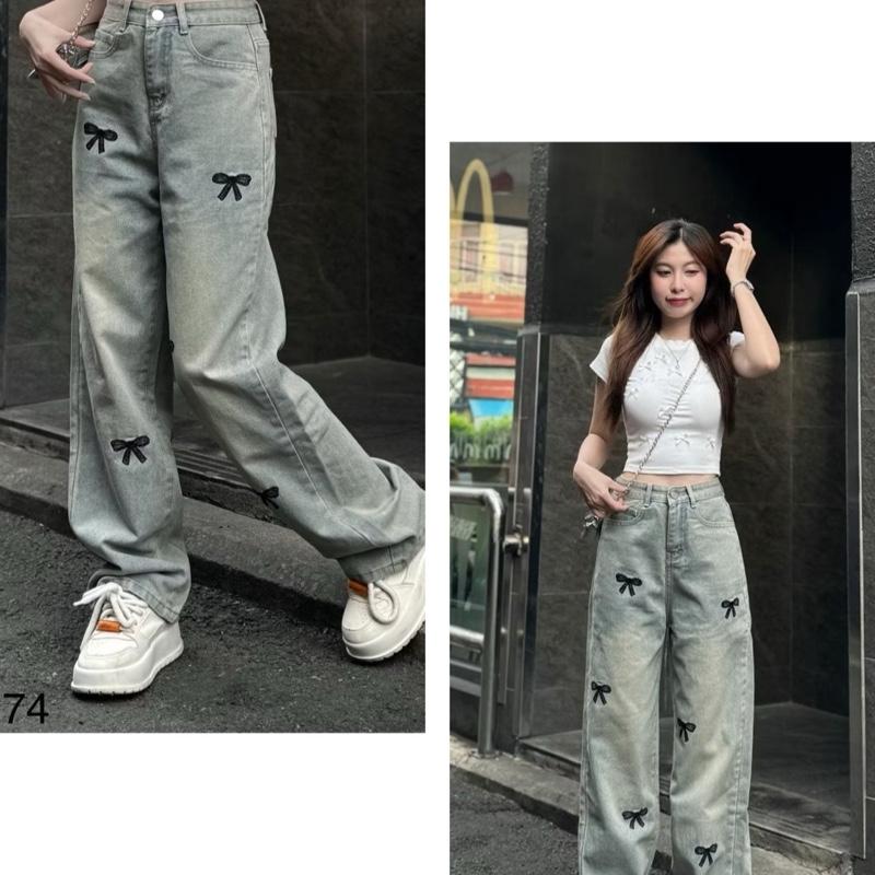 60-135kg quần xuông jenas xanh thêu nơ from rộng lưng cao qua rốn lưng chun sau