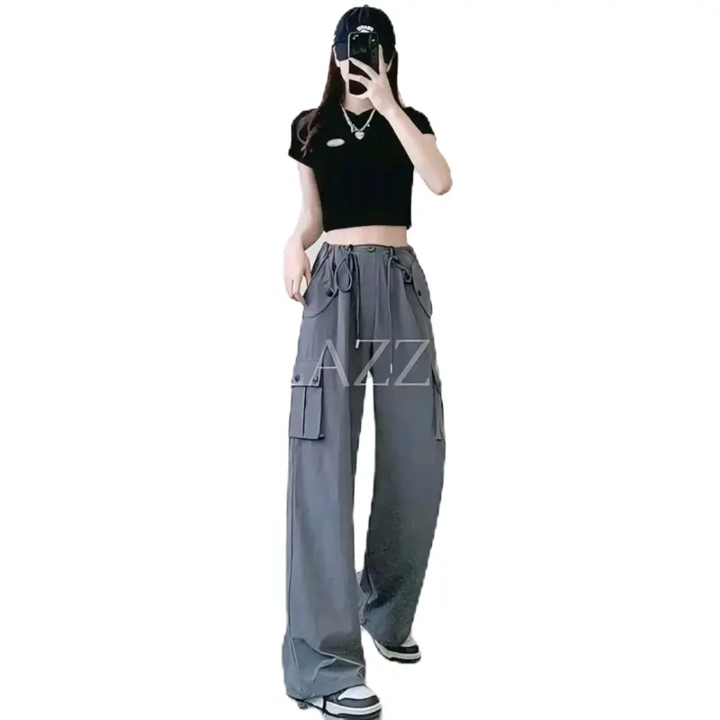 Celana Cargo Joger Wanita Model Korean Style Varian Tali Serut Highwaist Loose Kualitas Premium - Kulot, Panjang Karet Nyaman Formal Casual Samping Soft 0