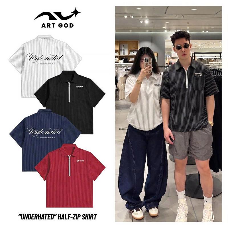 Áo Sơ Mi Boxy Nam Nữ Ngắn Tay UNDERHATED Cổ Khóa Kéo Vải Tuytsi Kẻ Sọc Unisex…