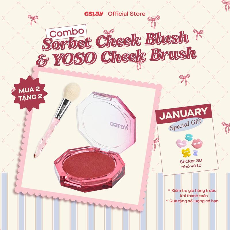 Combo GSLAY Má hồng kem hoá phấn Sorbet Cheek Blush thuần chay mịn lì và nhũ dễ tán bền màu 5gr và Cọ Má Hồng YOSO Cheek Brush lông cọ mềm mượt tán phấn đều màu