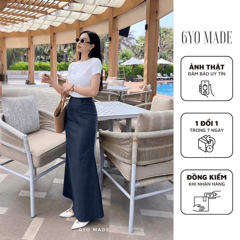 Chân Váy Jean Dáng Đuôi Cá Nhẹ GYOMADE Xanh Đen Họa Tiết Chấm Trắng Nhỏ Lưng Cao Tôn Dáng | GV029