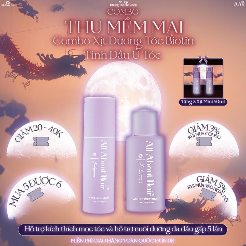 [TẶNG 2 XỊT MINI 50ML] [SIÊU SALE 10.10] COMBO CHĂM SÓC TÓC THUẦN CHAY – TÓC MỀM MƯỢT, GIẢM GÃY RỤNG (AAH BIOTIN SPRAY VEGAN 120ML + AAH OIL TREATMENT VEGAN 100ML)