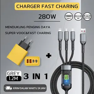 CHARGER SET 280W  + KABEL 3IN1 100W Isi Sekaligus! Fast Charging Aman untuk Semua Tipe HP Pengisi