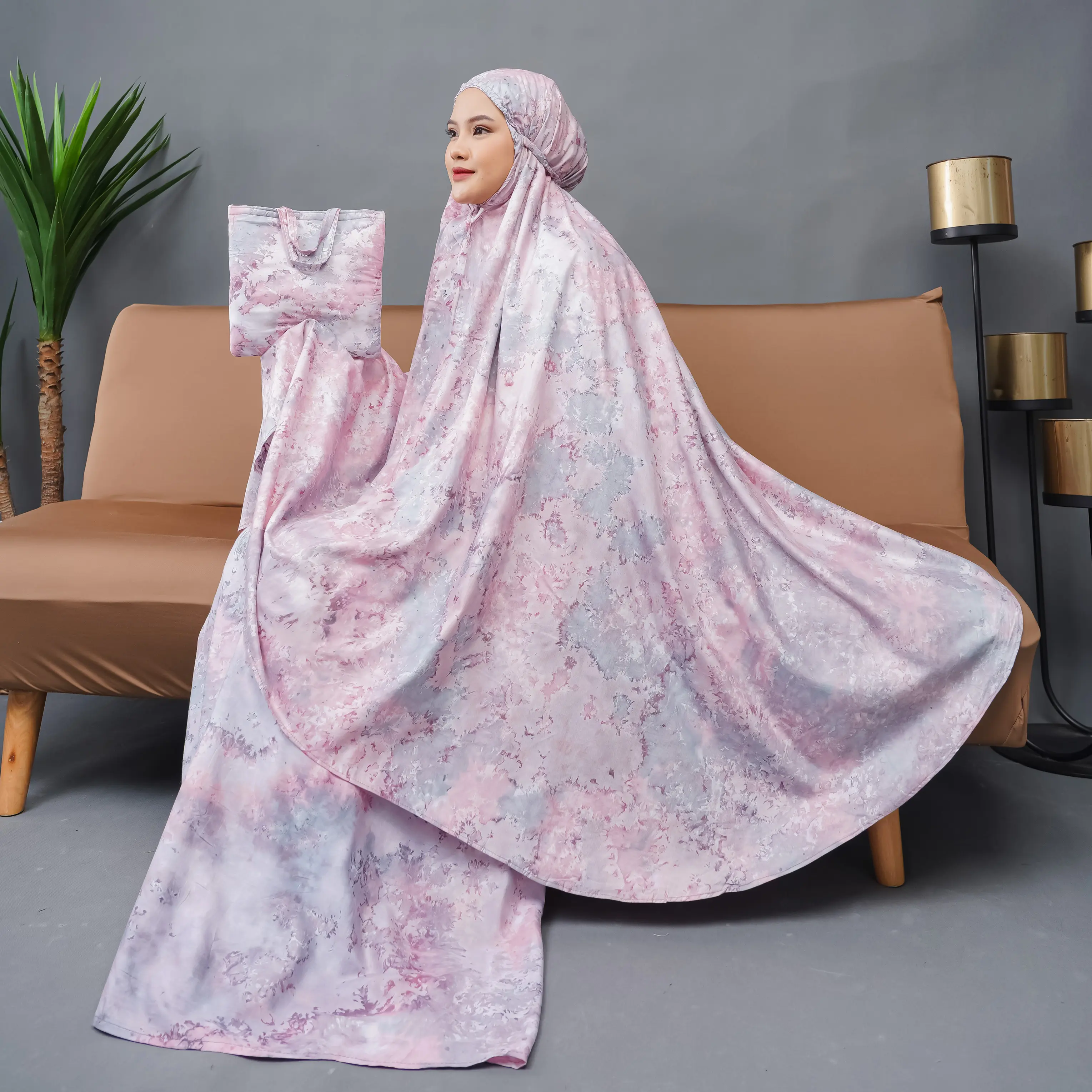 mukena dewasa  tie dye bali granada grey pink ukuran standart halya shop atasan bawahan Katun Motif Panjang Rayon Variasi