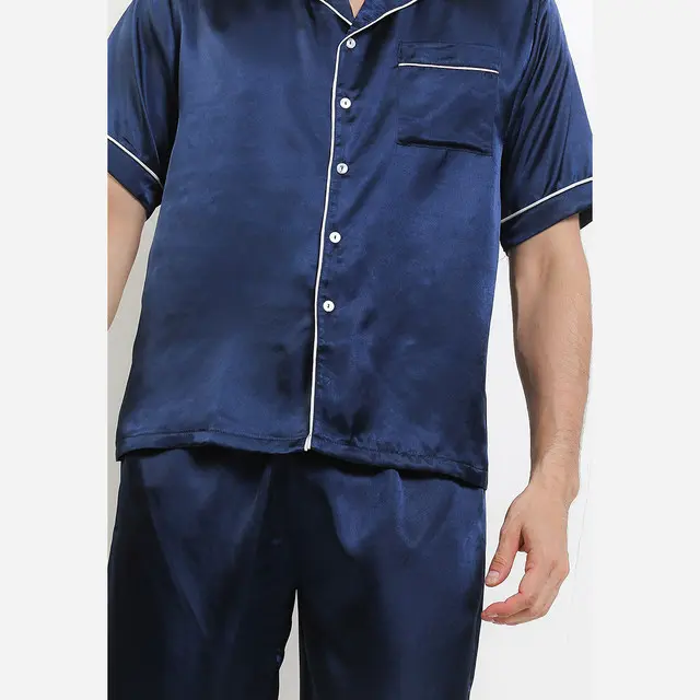 Anne Wintours Pyjama Pijama Baju Tidur Satin Silk Short Sleeve Long Pants Sleepwear Pria 2