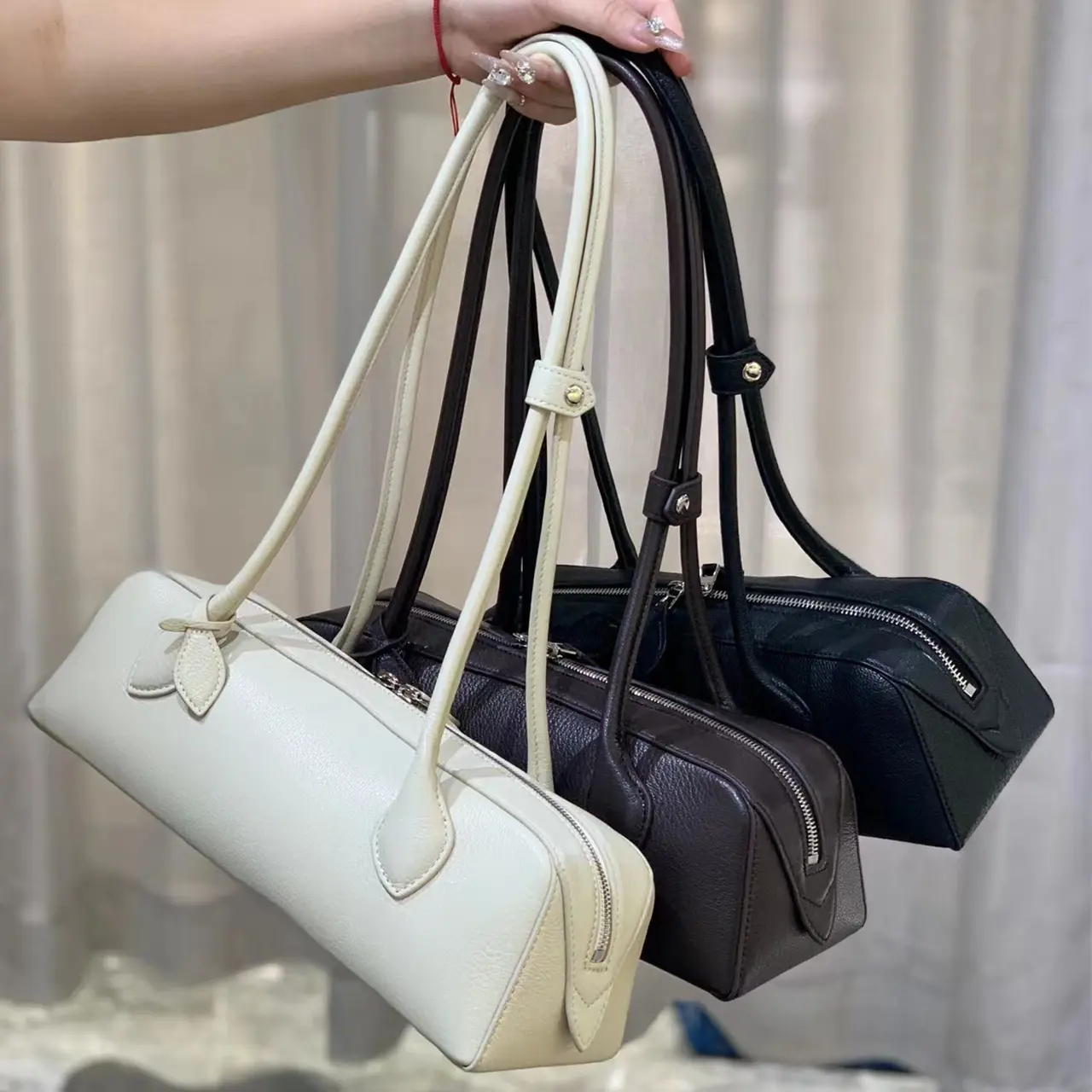 [PD0748 Hotdog  Bag]33cm French goatskin Paris' Hot dog  bag Top grain leather timeless luxury   Women's Shoulder Bag - Large Capacity Baguette Bag PD0748