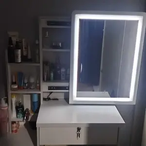 Homedoki Meja Rias Putih dengan Lampu LED Kaca Sliding Minimalis Meja Kosmetik Make Up Minimalis Furniture 131cm x 50cm x 70cm
