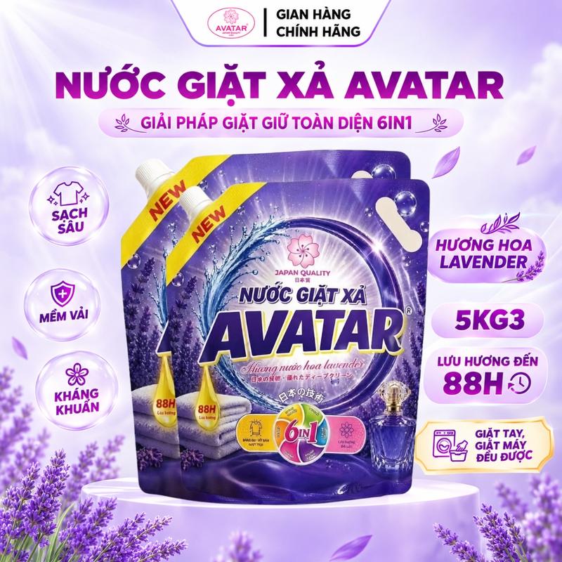 Nước Giặt Xả AVATAR 6 Trong 1 Hương Hoa Lavender Lưu Hương 88H Sạch Sâu Mềm Vải Dịu Nhẹ Cho Da Tiết Kiệm Cho Gia Đình