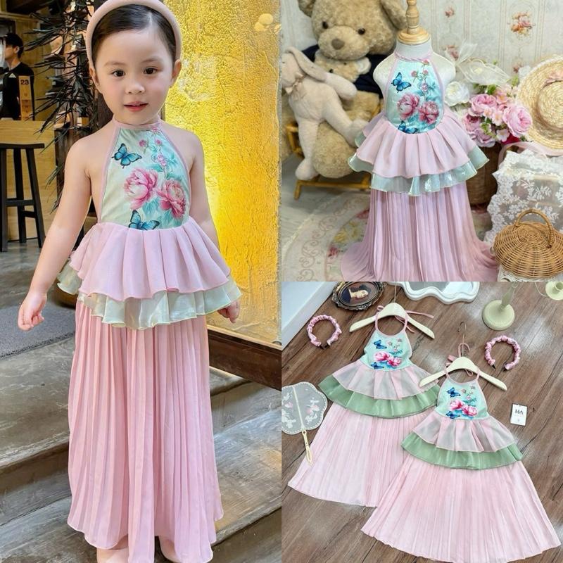 C15- Tặng bờm xinh Set áo yếm lụa bướm hoa hồng xinh đẹp, kèm chân váy dập ly dáng dài dành cho bé gái ( 8-31kg)