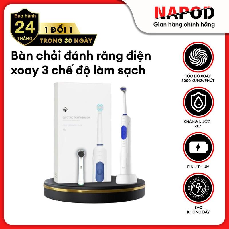 [VINHBANHBO] Bàn chải đánh răng điện xoay có 3 chế độ làm sạch vệ sinh răng miệng hạn chế viêm nướu kèm đế sạc không dây bảo hành 12 tháng.
