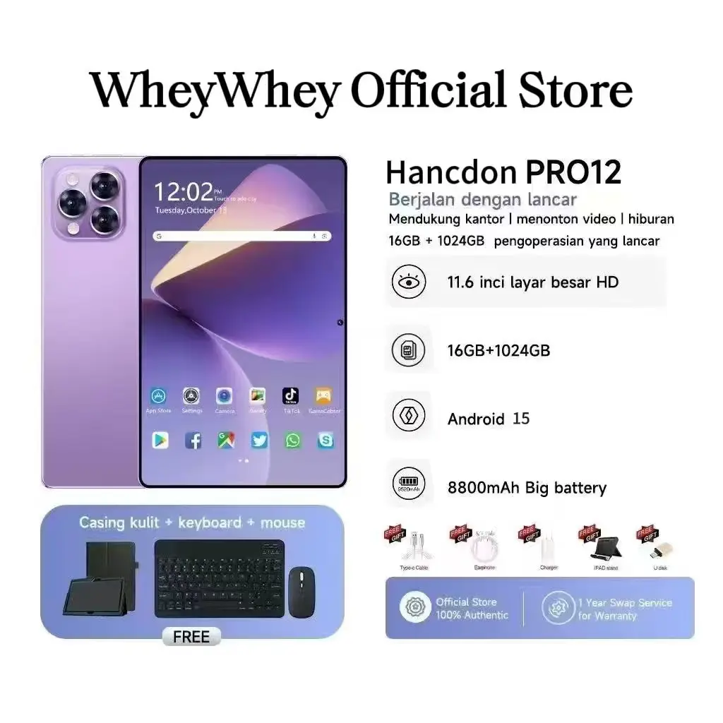 Hancdon Tab Pro12 Tablet PC Android 15 11.6inch 16GB+1TB Wifi 4G/5G Dual SIM Bluetooth 8800mAh Battery untuk Belajar & Gaming