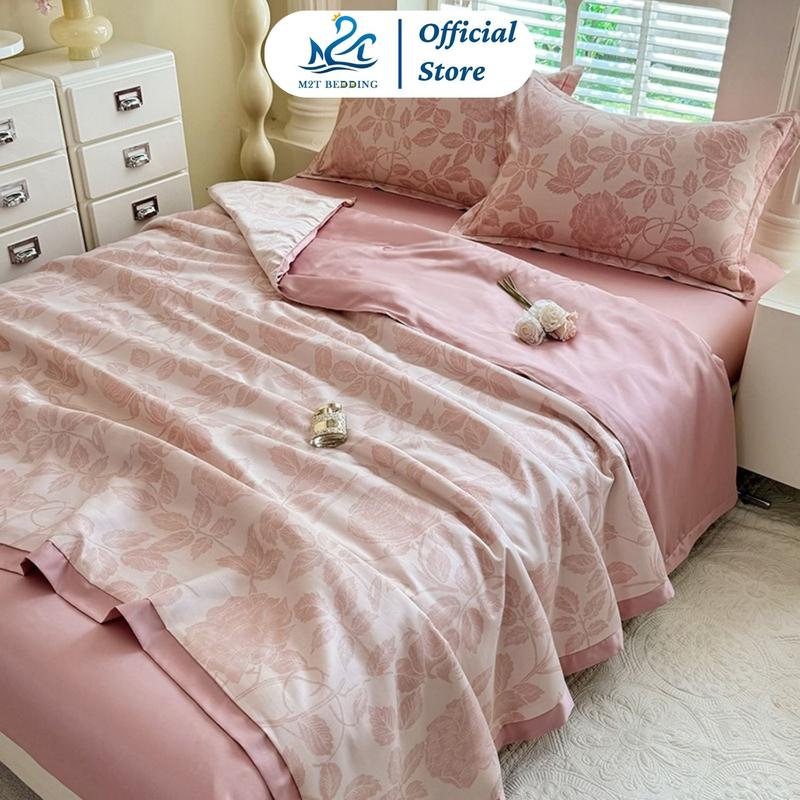 Bộ chăn ga gối LỤA THÁI M2T BEDDING - chăn chần bông mỏng cho mùa hè, ga giường và 2 vỏ gối nằm