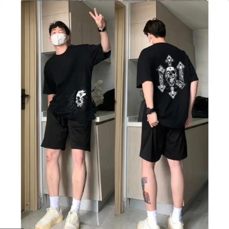 【100% Katun 20s】Skeleton T-shirt Atasan Baju Kaos Oversize Pria Hitam Dewasa Distro Lengan Pendek Keren Premium Street Style Round Neck C084 Motif Cowok Santai 3