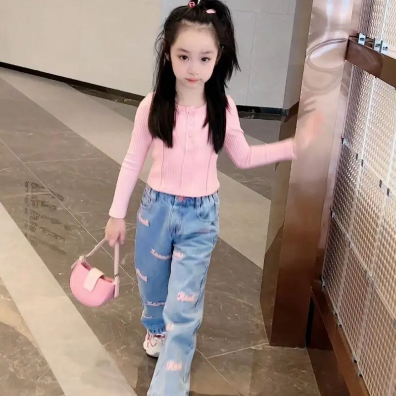 SSP32, 6-12Tahun Setelan One Set Anak Korea Pink Kancing Celana Jeans Bordir 1
