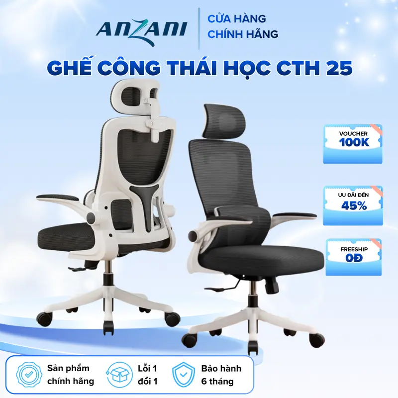 {CTH 25}_Ghế tựa lưng CTH 25 nhà ANZANI, ghế công thái học lưng kép giúp đỡ lưng cao cấp, lưng ghế thiết kế cố định không ngả nhựa bền ghế  công