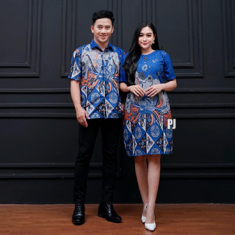 Baju Batik Couple Lengan Pendek Terbaru Motif Kopri Biru Pasangan Dewasa - Wanita Katun Dress Sarimbit 1