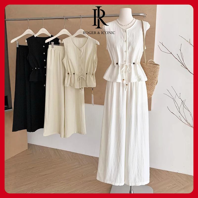 Set Đồ Đũi Nữ Cao Cấp Hàng Thiết Kế, Áo Không Tay Dáng Peplum Phối Quần Ống Rộng, Đồ Bộ Nữ Chất Đũi Cao Cấp Dáng Suông