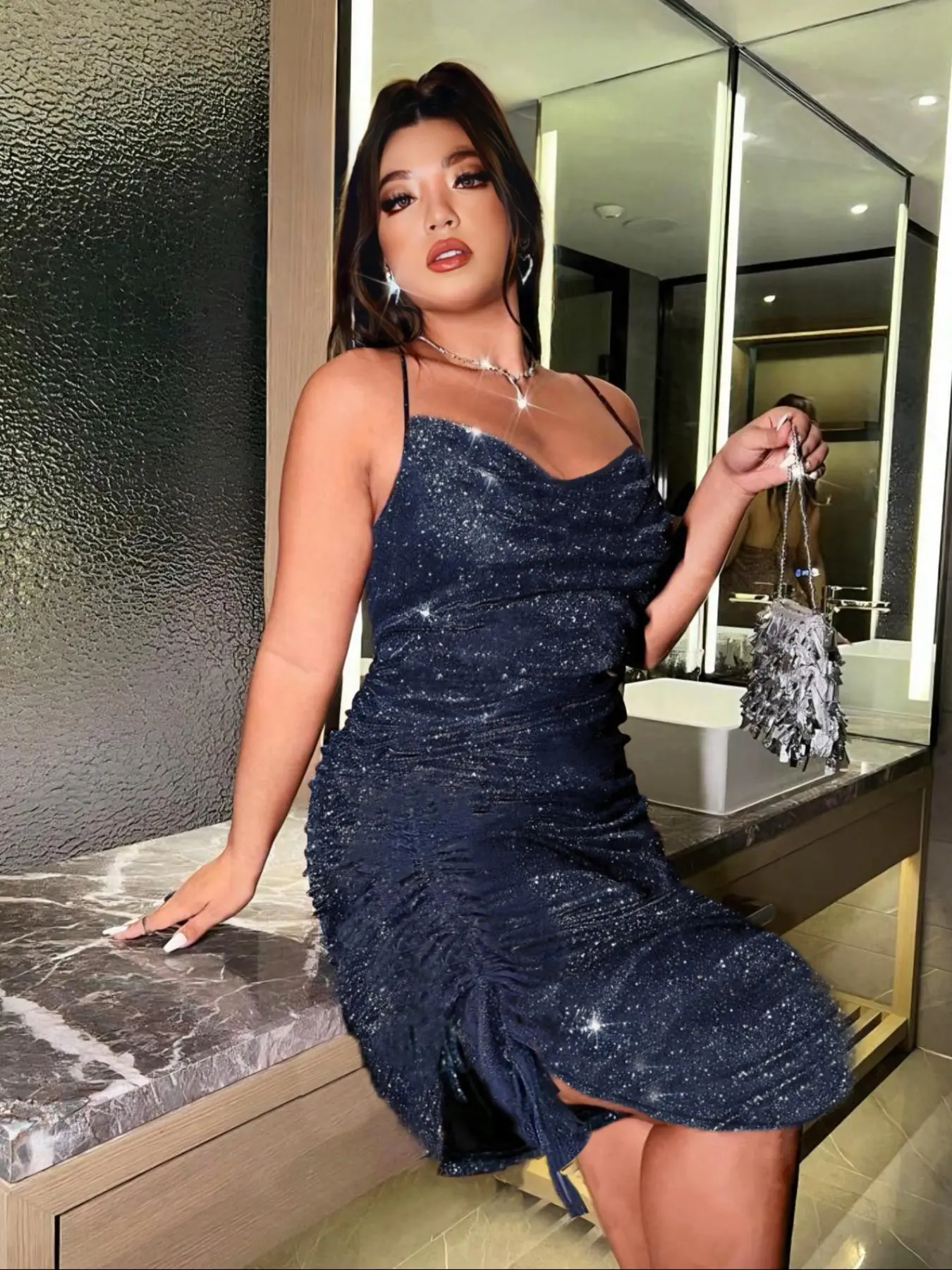 Plus Size Glitter Drawstring Ruched Split Thigh Cami Dress, Summer Clothes Women, Lady's Dresses Summer, Adjustable Strap Backless Draped Dress For Party, Women's Plus Size Clothes For Summer