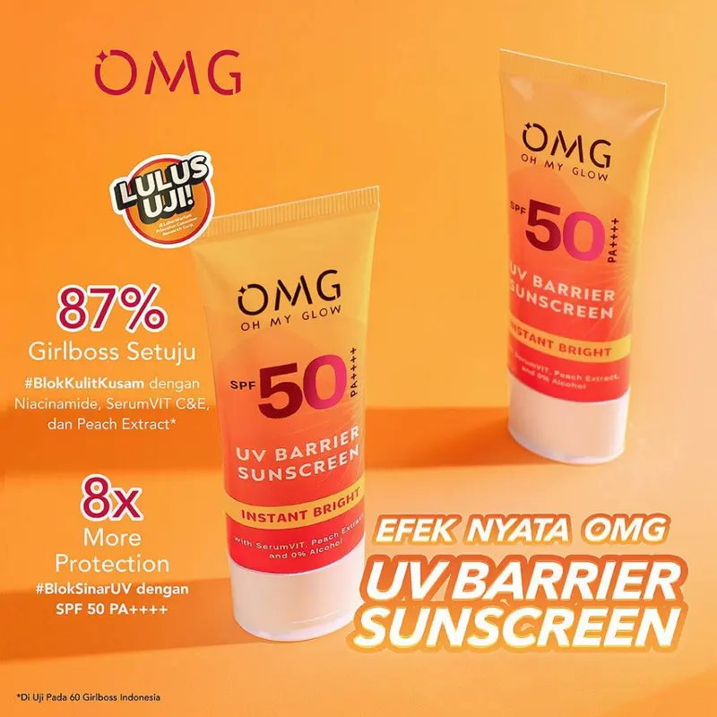 OMG Sunscreen SPF 50 Oh My Glow Sun Care | Sunblock Wajah Instant Bright 25ml Extract Peach Wanita Facial sunscreen  omg Kering Kusam Perawatan Lightening Hitam 3