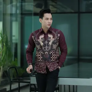 NISKALA BURGUNDI Kemeja Batik Pria Lengan Panjang Furing full  Kain Polimicro Slimfit Halus Nyaman Warna Burgundy Tebal Size M L XL XXL