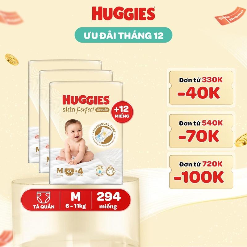  Combo 3 gói Tã quần Huggies Skin Perfect Mega Jumbo với 2 vùng thấm giảm kích ứng da Size M 98+4 L 88+4 XL 72+4 XXL 64+4  Bao bì thay đổi theo tùy đợt nhập hàng  