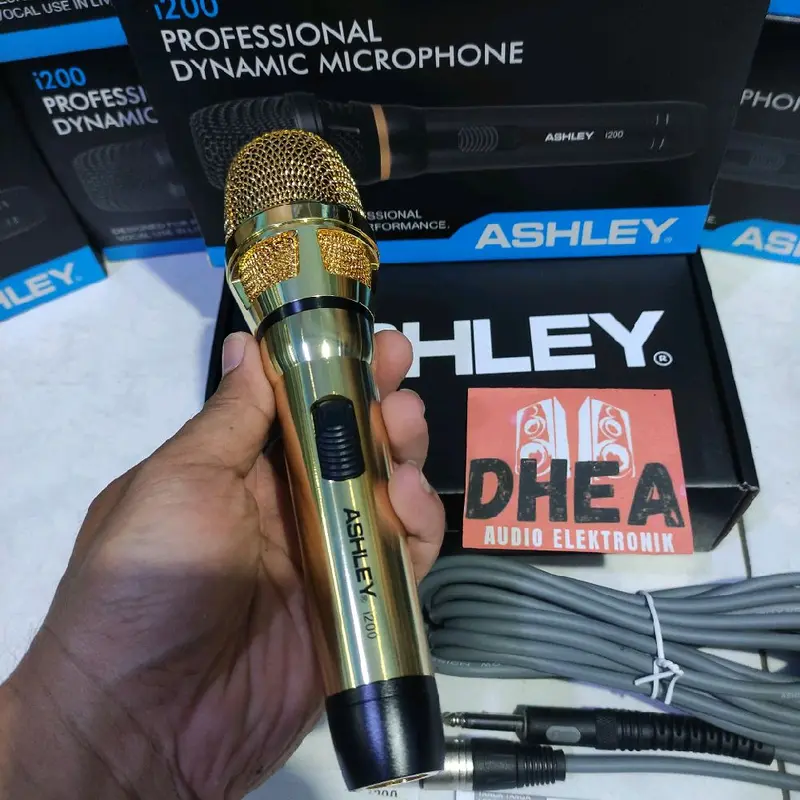 Mic Dynamic Kabel Ashley i200 i 200 Original Mik Vokal Kabel i-200 Ashley Microphone Wire Cable ASLI ORI Ashley Suara Detail Jernih WARNA Gold / Krem Body Mic Besi High Quality 6