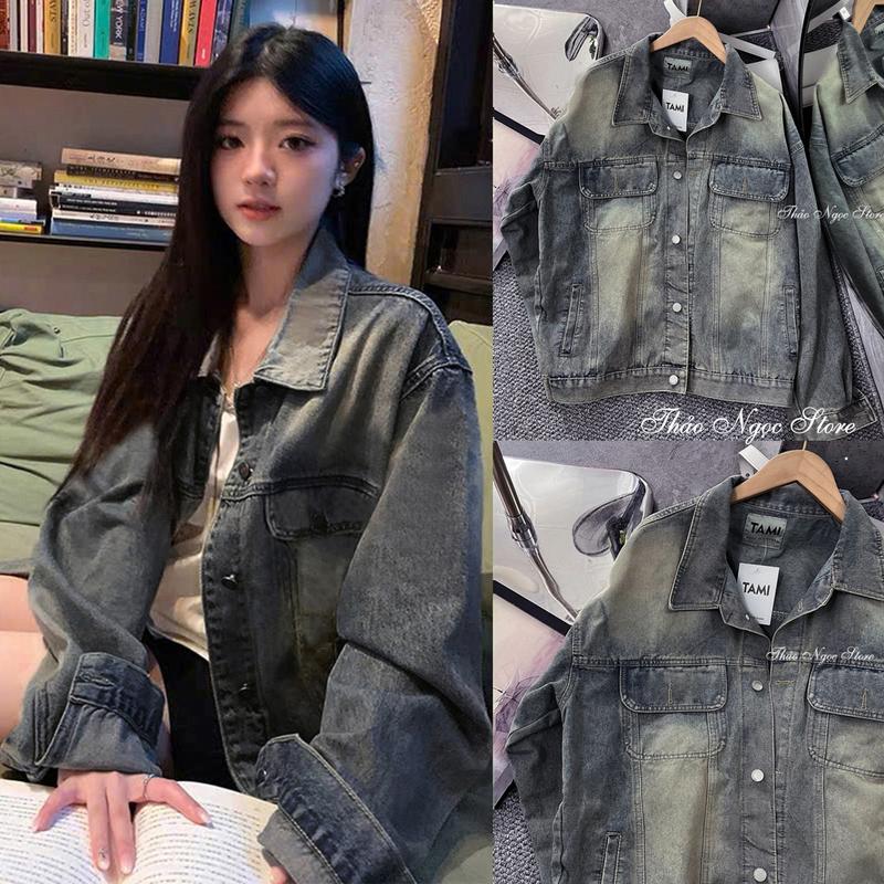  Áo khoác jean nữ trơn tay dài form rộng túi tròn dài 68cm! THẢO NGỌC STORE Nữ Women Top Bò 