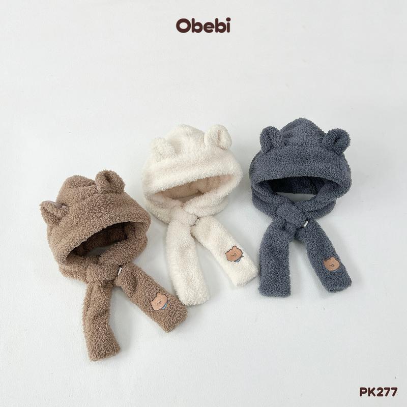 PK277 Mũ Lông Có Tai Kèm Khăn Quàng Giữ Nhiệt Cản Gió Lạnh Cho Bé Trai Bé Gái Vào Mùa Thu Đông Obebi