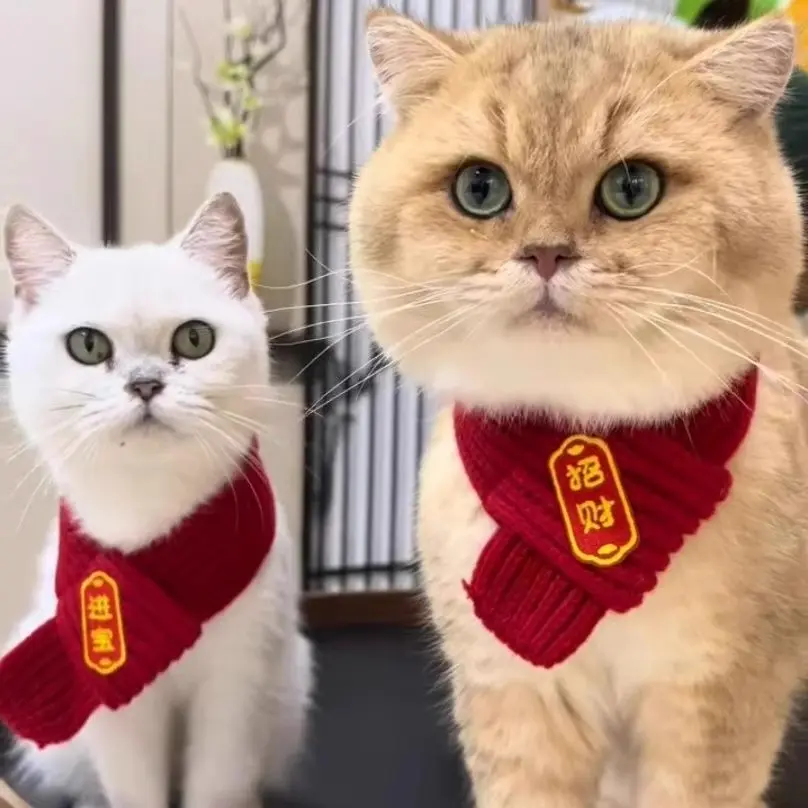 Cat and dog scarf, New Year pet accessory decoration scarf, red cute woolen warm knitted scarf