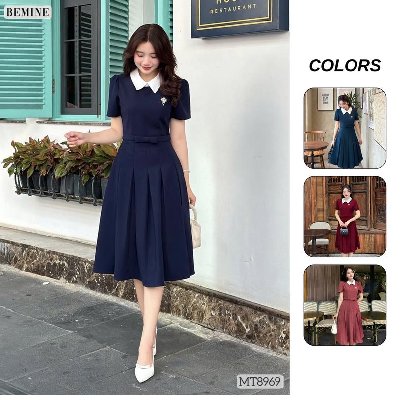 BEMINE Đầm Thiết Kế MT8969 Đính Nơ Eo Tùng Xếp Ly Dáng Xòe Phù Hợp Đi Làm Và Đi Tiệc Cho Nữ Màu Xanh Vàng Hồng Chất Liệu Cotton Hàn Thái