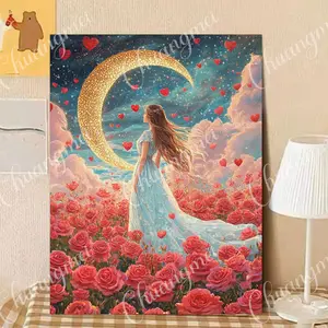 Chuangmei 5D Diamond Painting Lukisan Berlian Gadis Bulan Berlian Penuh Lukisan Buatan，30×40cm wooden inner frame