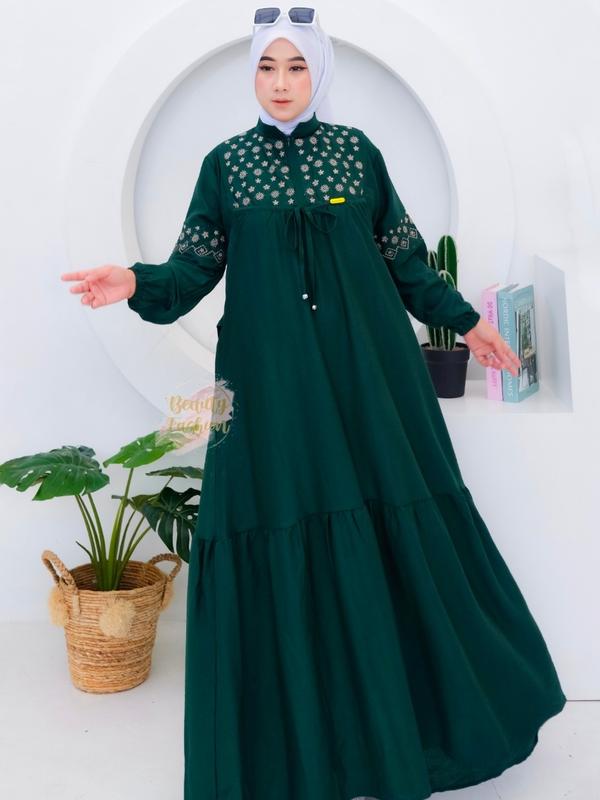 Gamis Bordir Wanita LYLYA Mat Polo Linen Premium Terbaru Busui Friendly Dress Motif Model Kekinian 4