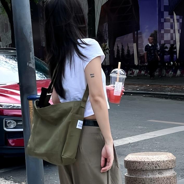Túi Tote TADI HOUSE Đeo Chéo Vải Bố Canvas Hàn Quốc Unisex Vintage Màu Rêu Xám