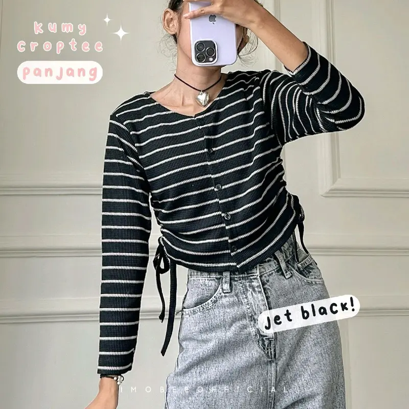kumy crop stripe lengan panjang / atasan waffle garis crop / blouse serut korea 8