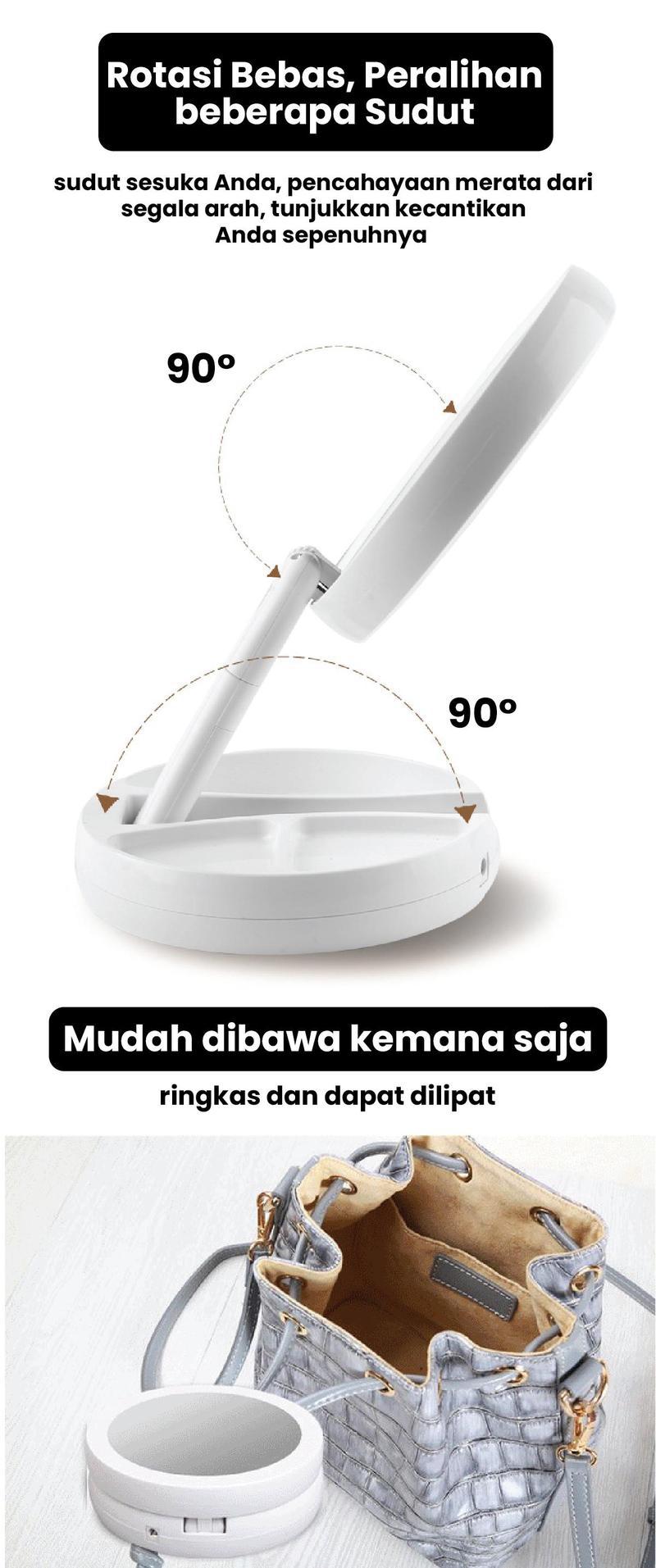 Product Introduction of Cermin Bulat Lipat Kaca Rias LED 2 Sisi Ganda Putar USB Cas 5