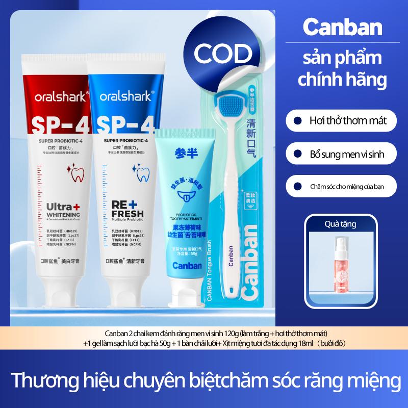 Canban 2 chai kem đánh răng men vi sinh 120g làm trắng + hơi thở thơm mát +1 gel làm sạch lưỡi bạc hà 50g + 1 bàn chải lưỡi+ Quà tặng miễn phí Xịt miệng tươi đa tác dụng 18ml bưởi đỏ