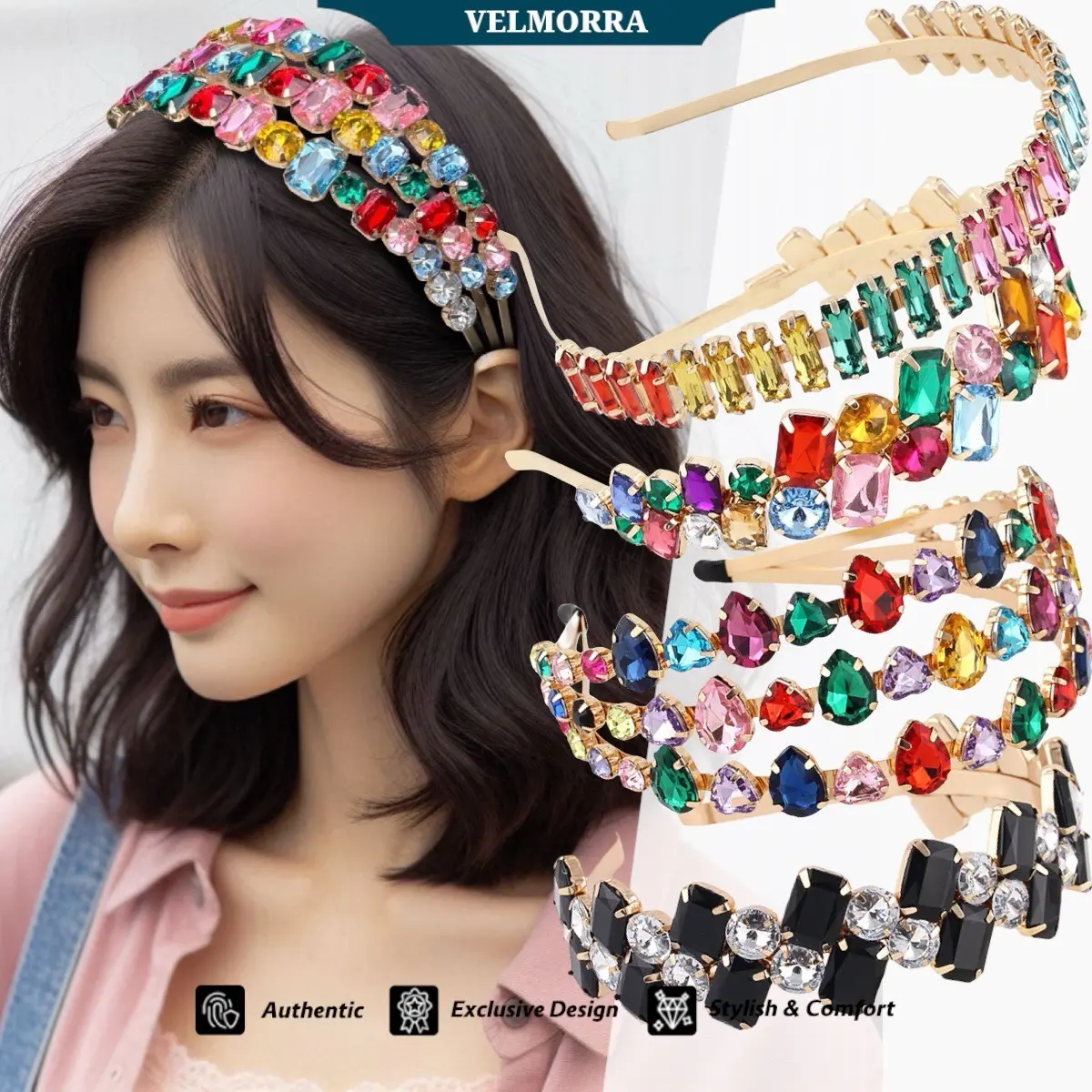 [ Velmorra ] Headband Amora Bando korea Mewah Rhinestone Berkilau Diamond Stainless