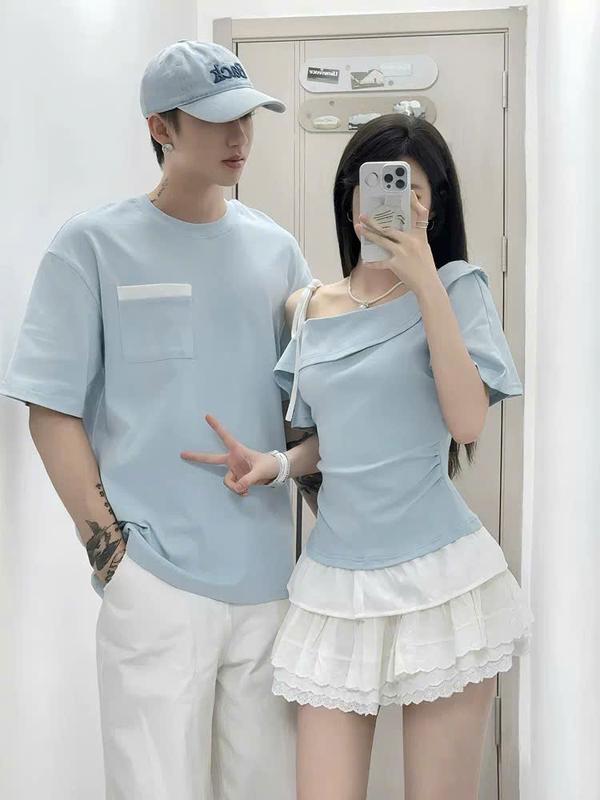 Áo cặp đôi - đồ đôi thun nam nữ áo lệch vai phối bèo trắng siêu dễ thương - DESTINY COUPLE