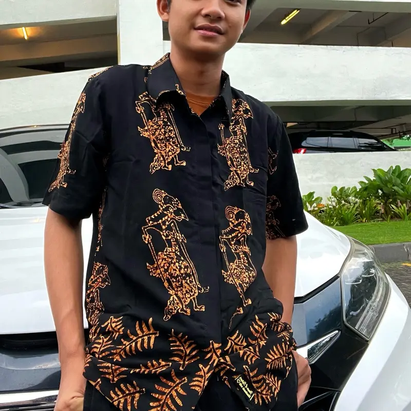 Kemeja pendek Batik wayang daun Rayon Pria Casual 7