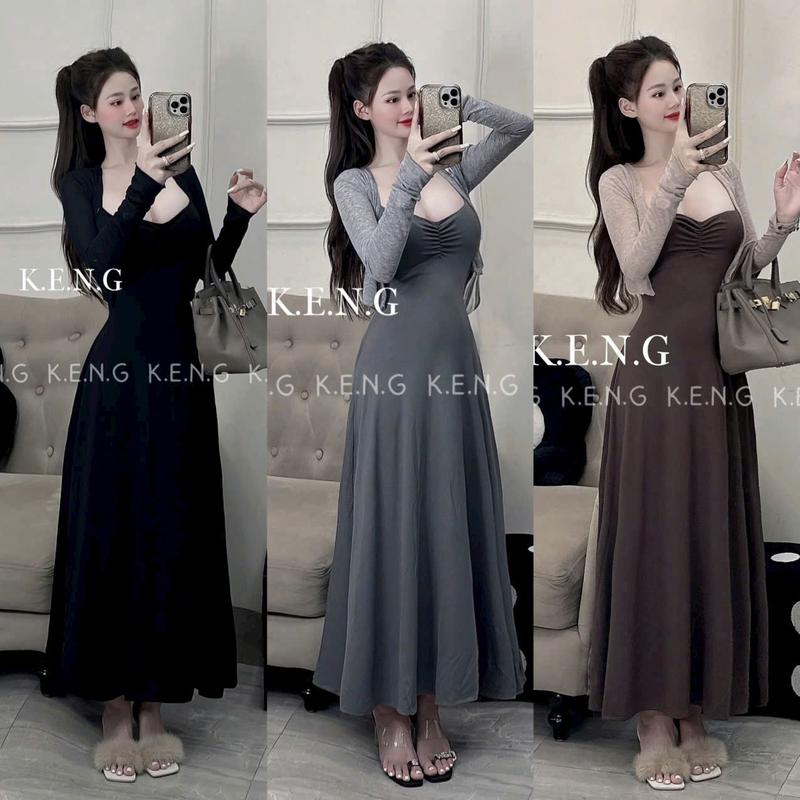 Váy thun tăm 2 dây dáng dàng ( tặng kèm áo khoác thun giấy ) -win